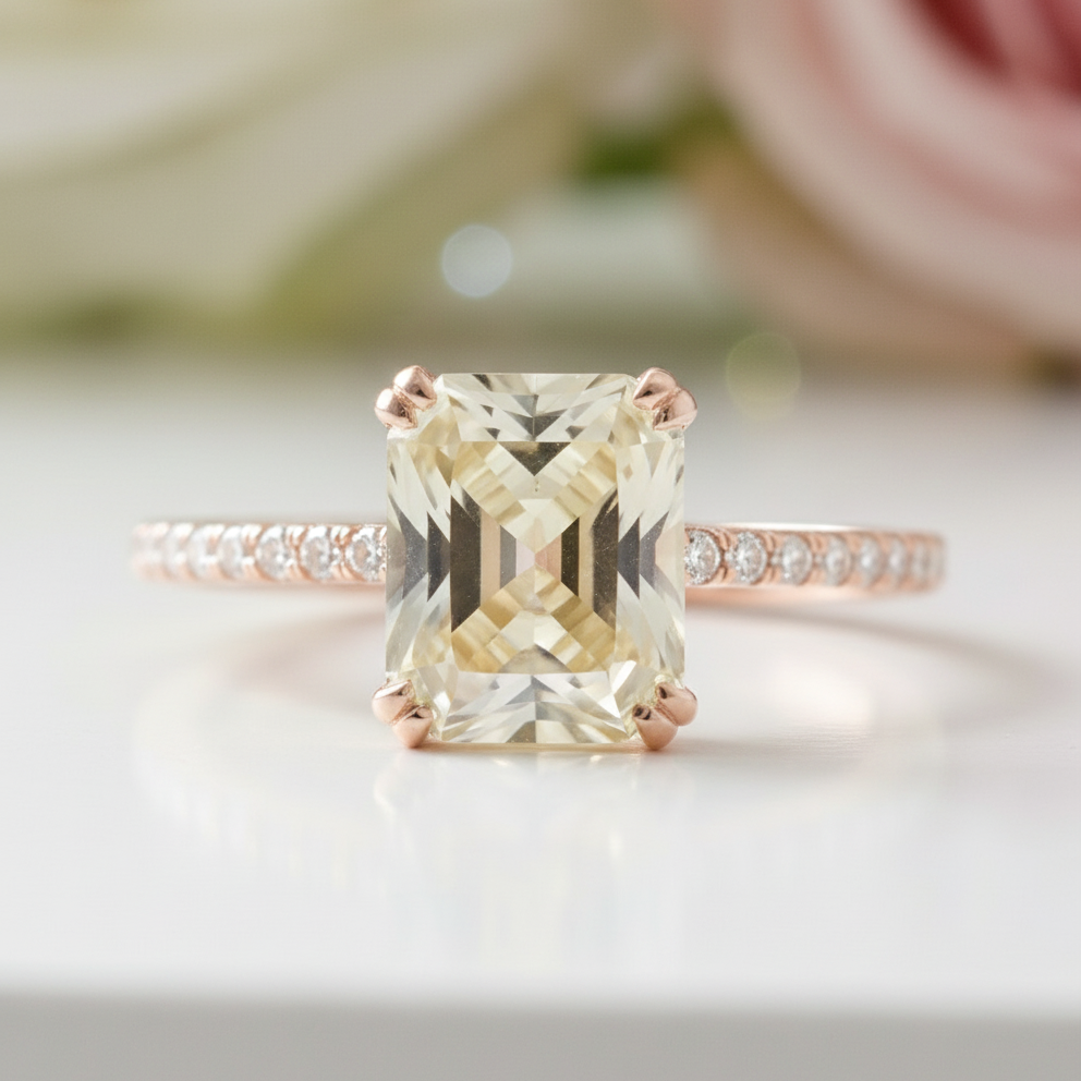 Stunning Yellow Gold Radiant Cut Light Yellow Sapphire Engagement Ring-Black Diamonds New York