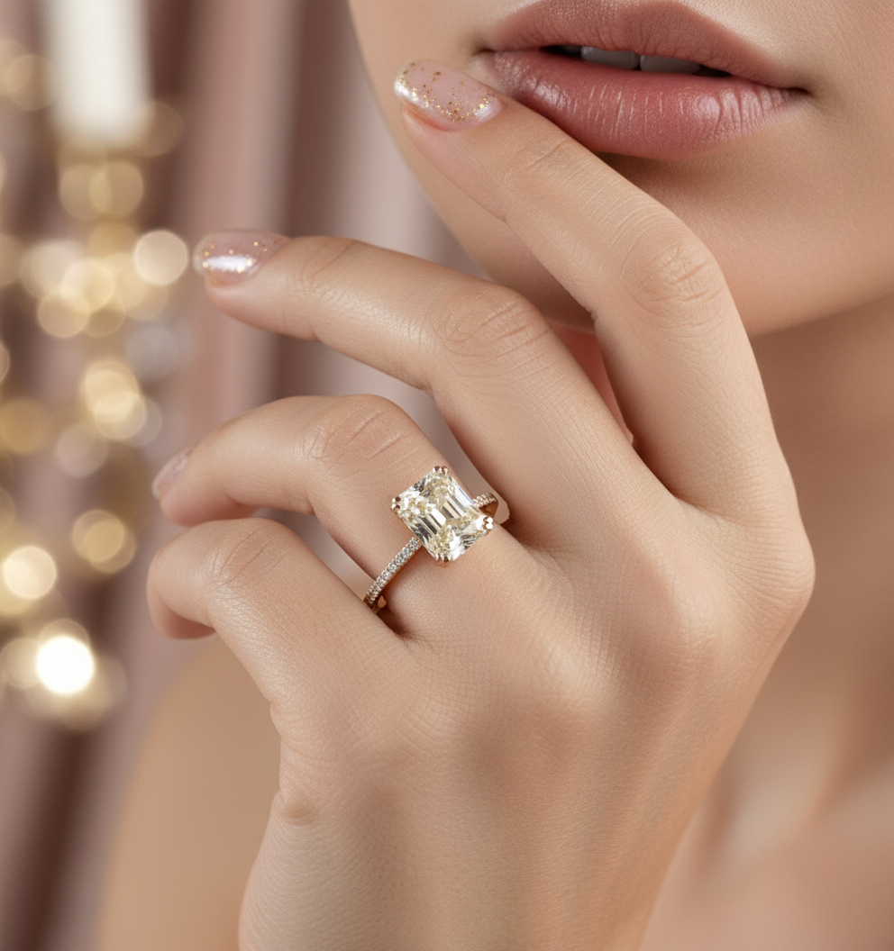 Stunning Yellow Gold Radiant Cut Light Yellow Sapphire Engagement Ring-Black Diamonds New York