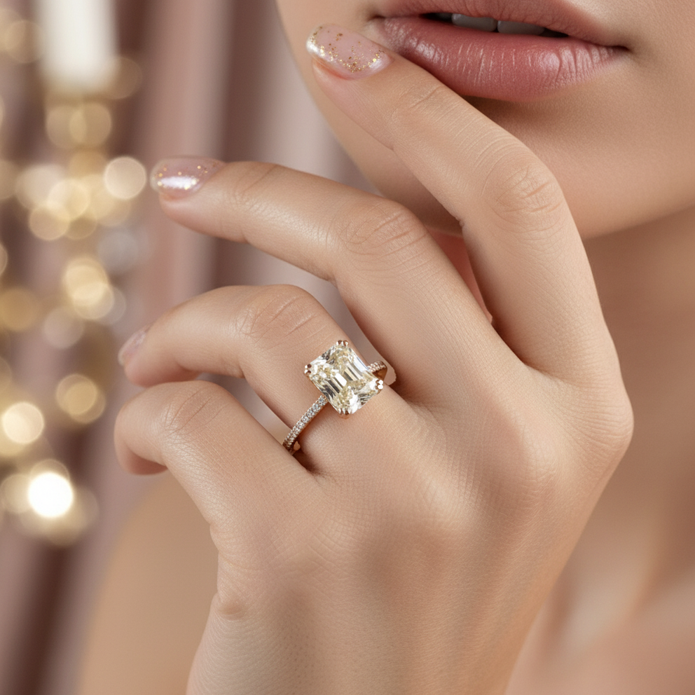 Stunning Yellow Gold Radiant Cut Light Yellow Sapphire Engagement Ring-Black Diamonds New York