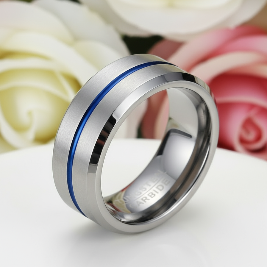 Stylish 8mm Tungsten Men's Wedding Band-Black Diamonds New York