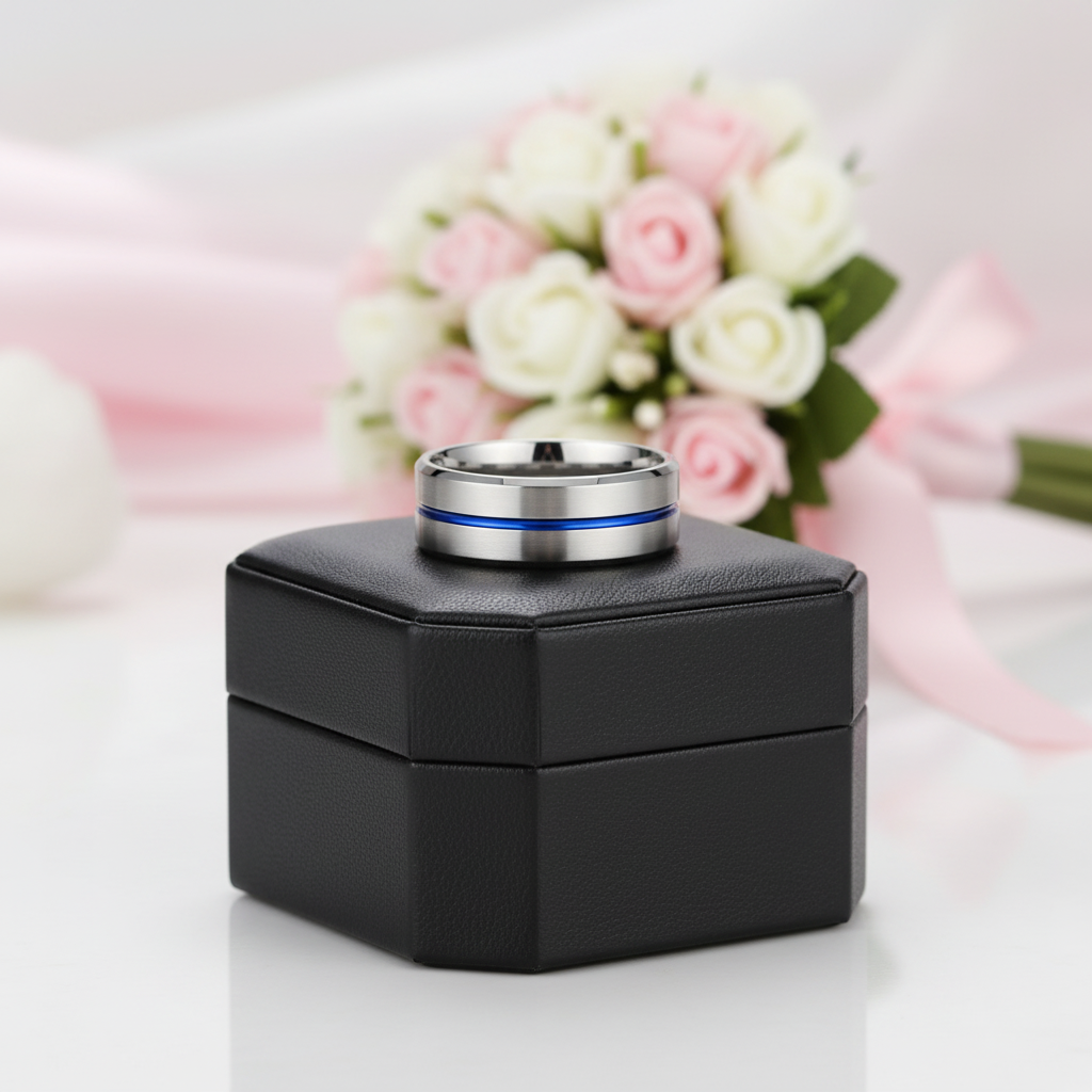 Stylish 8mm Tungsten Men's Wedding Band-Black Diamonds New York
