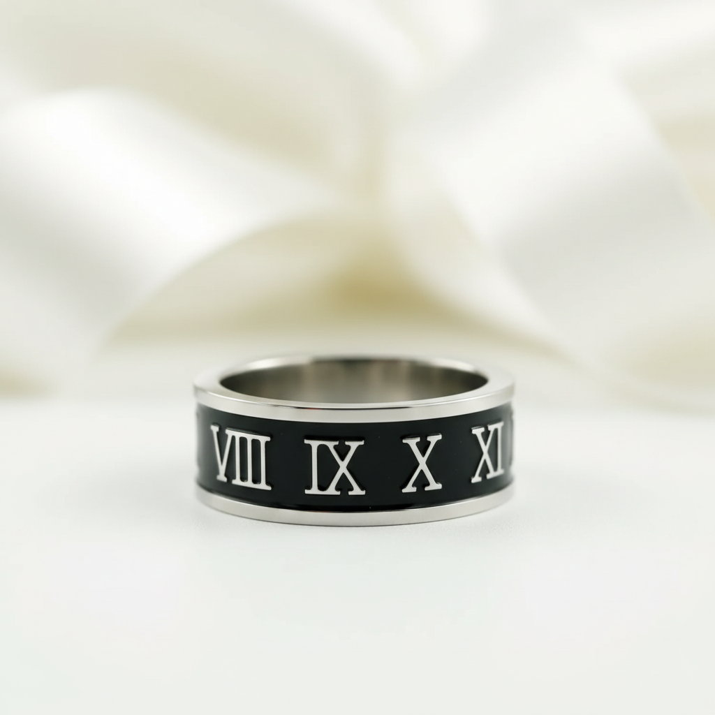 Stylish Roman Number Stainless Steel Ring Band-Black Diamonds New York