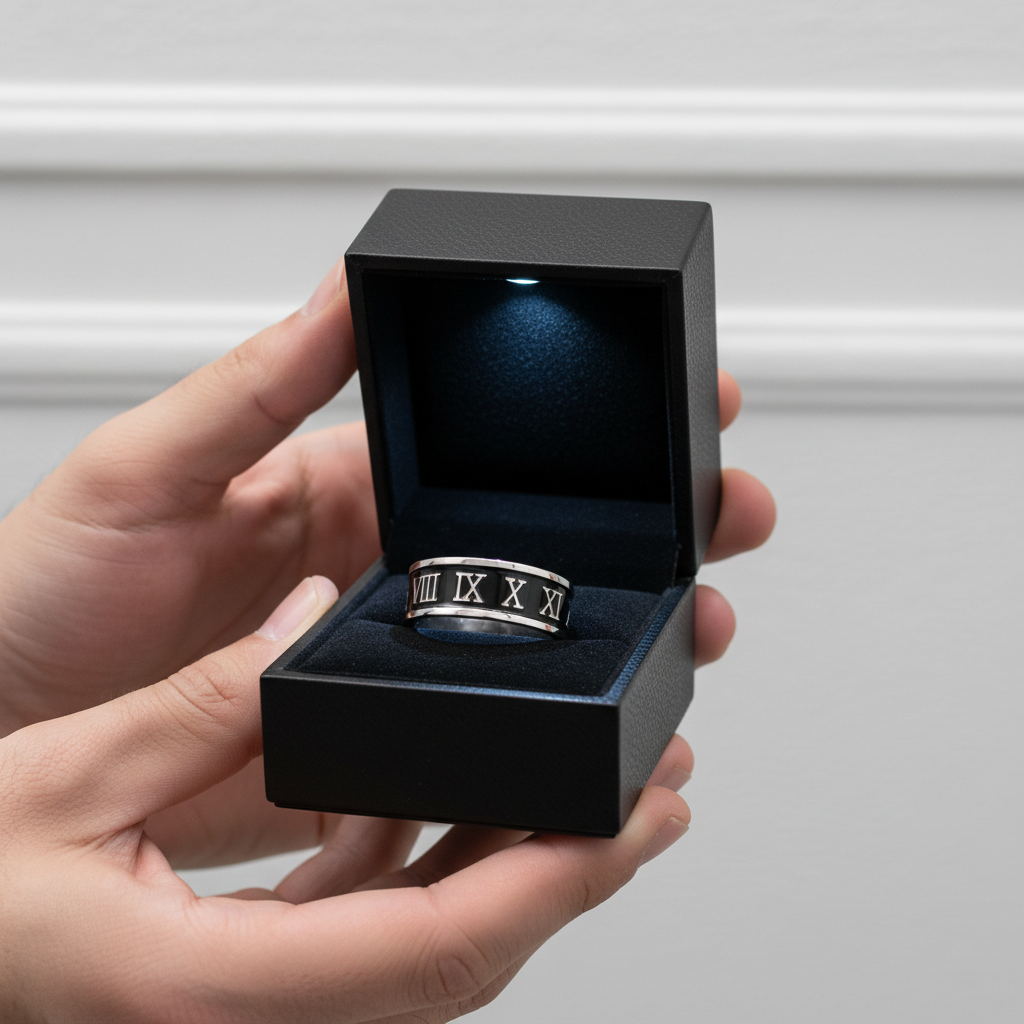 Stylish Roman Number Stainless Steel Ring Band-Black Diamonds New York