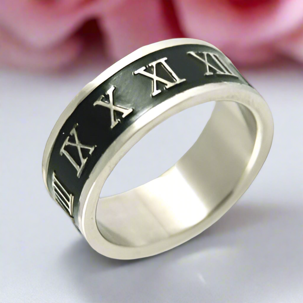 Stylish Roman Number Stainless Steel Ring Band-Black Diamonds New York