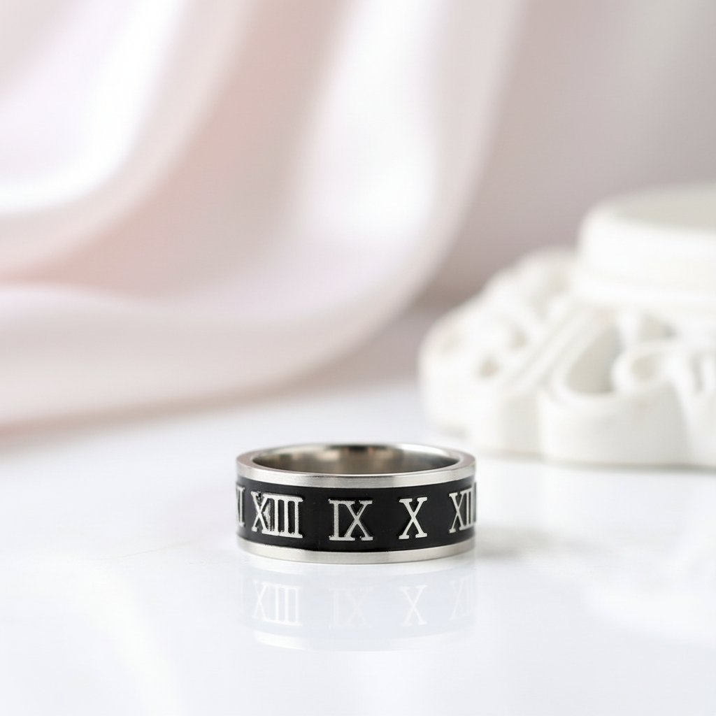 Stylish Roman Number Stainless Steel Ring Band-Black Diamonds New York