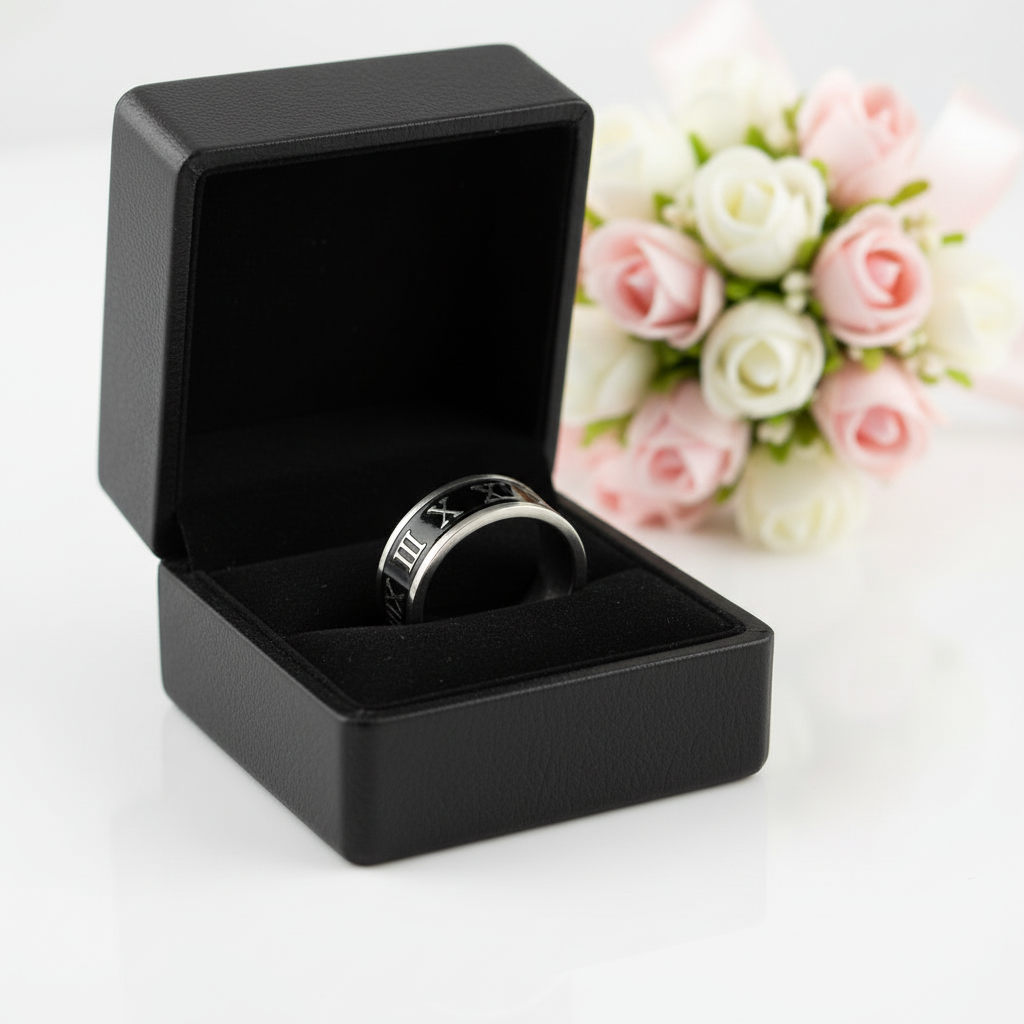Stylish Roman Number Stainless Steel Ring Band-Black Diamonds New York
