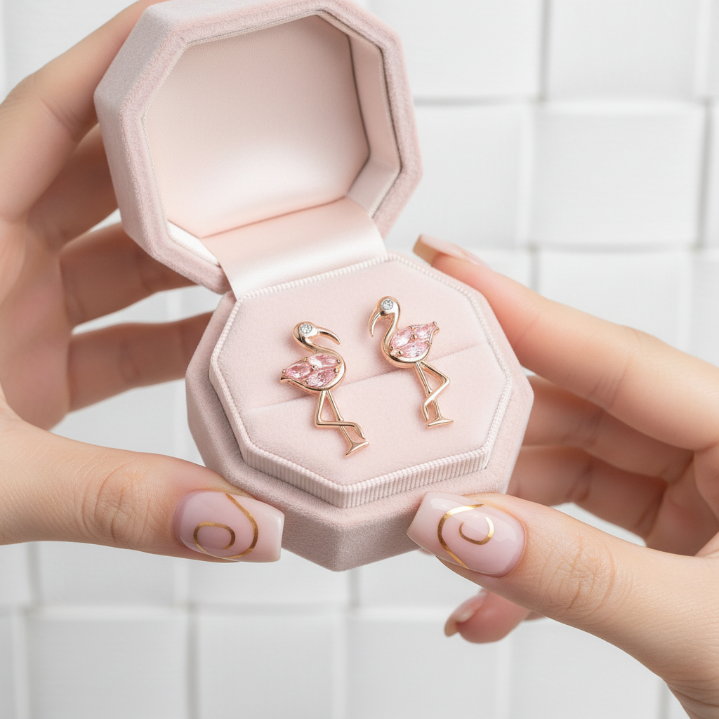 Flamingo-shaped earrings in a pink jewelry box held by hands with pink nail polish.