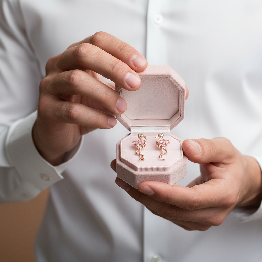 Person holding a pink jewelry box with earrings inside, wearing a white shirt.
