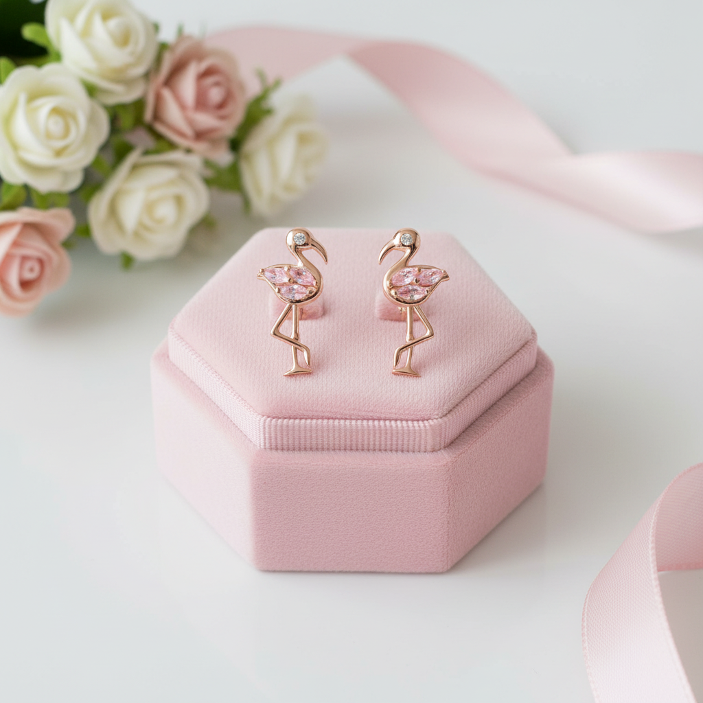 Flamingo-shaped earrings in a pink jewelry box with flowers in the background