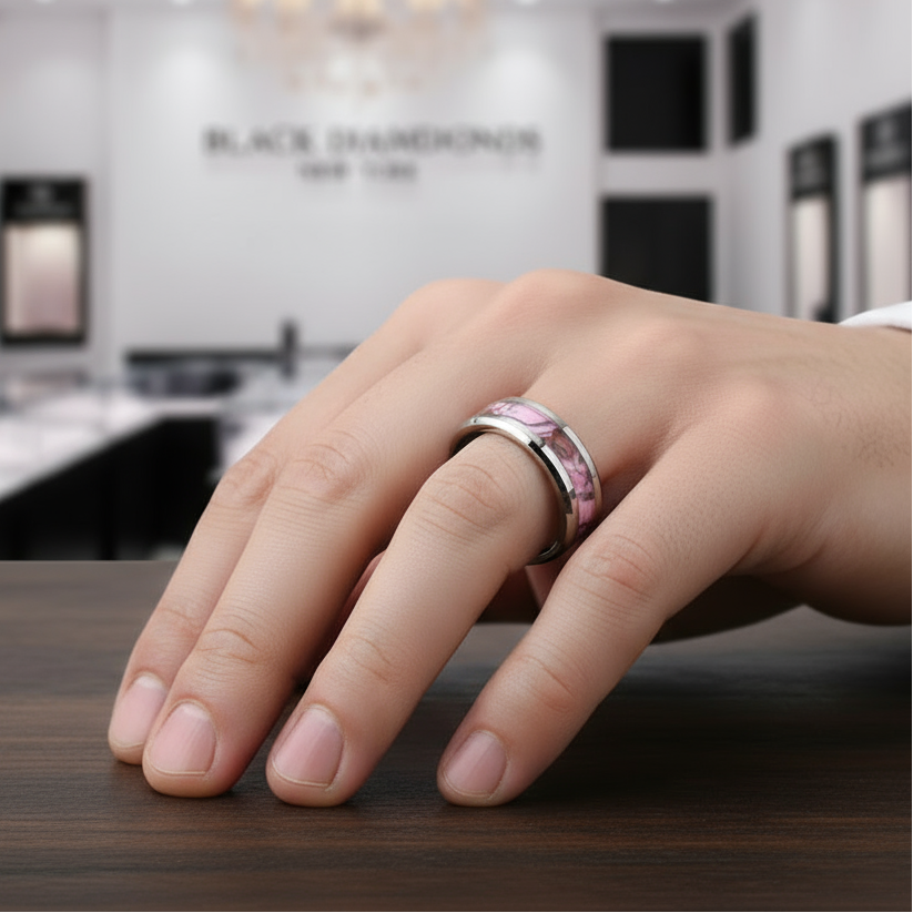 Summer Leaf Inlay Men's Tungsten Wedding Band-Black Diamonds New York