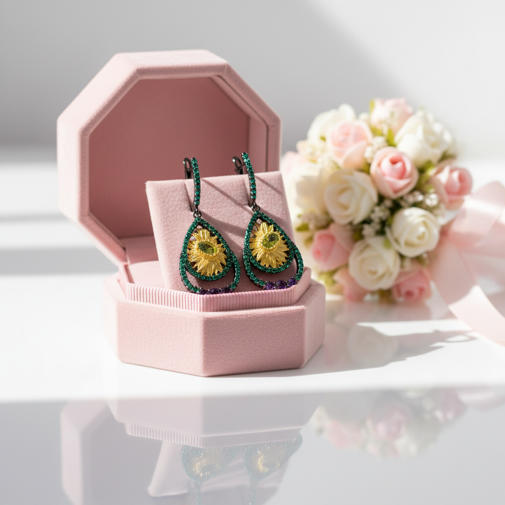 Sun Flower Handmade Flower Dangle Earrings-Black Diamonds New York
