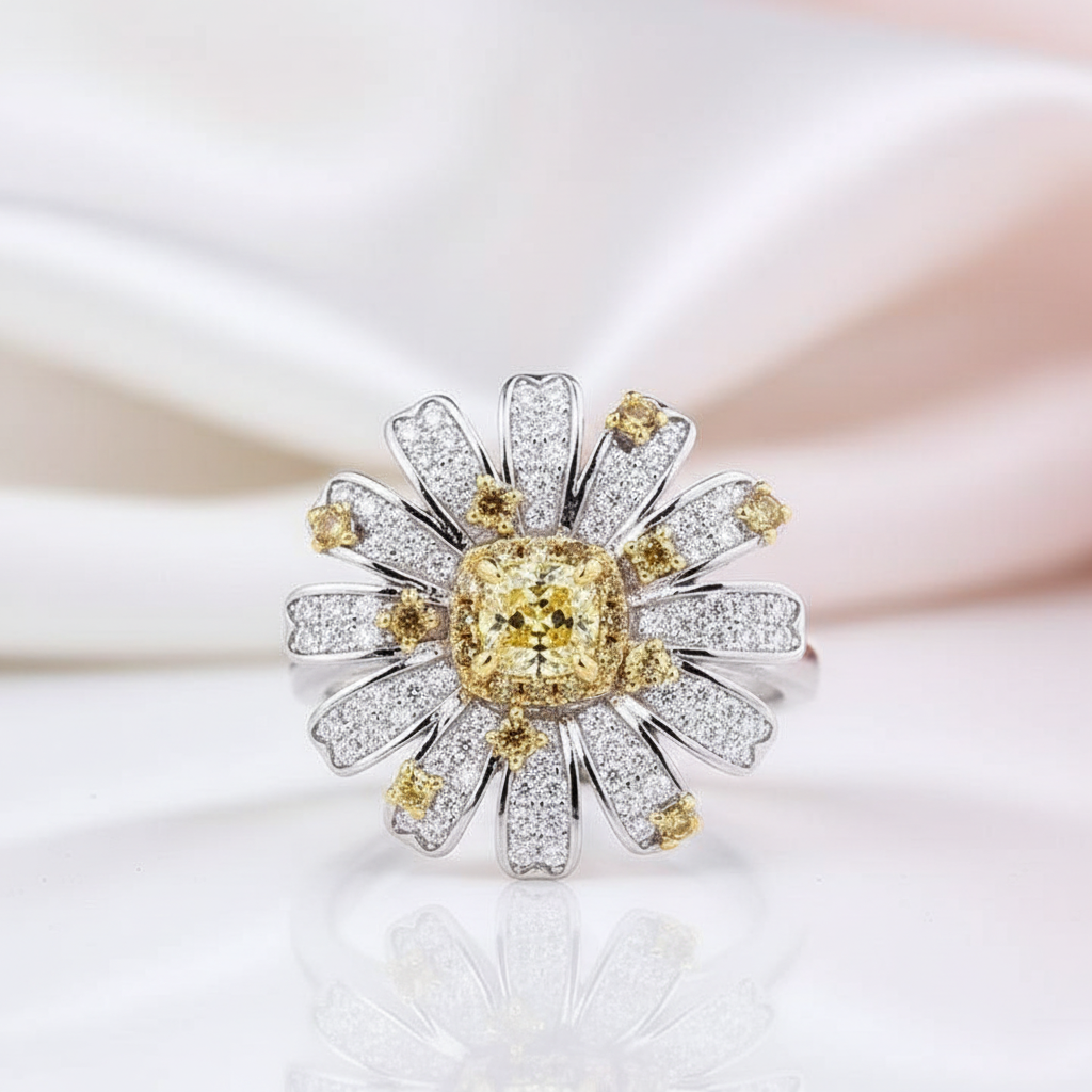 Sunflower Design Cushion Cut Promise Ring-Black Diamonds New York