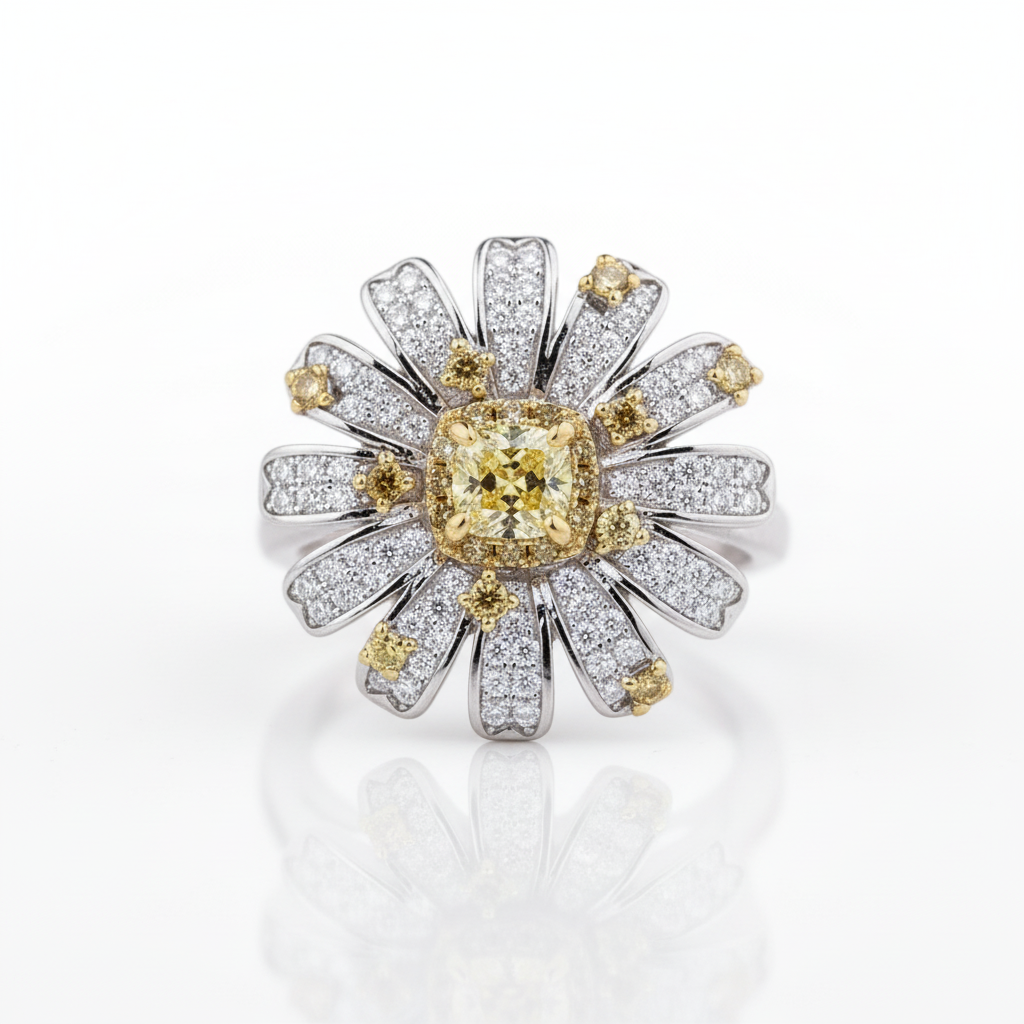 Sunflower Design Cushion Cut Promise Ring-Black Diamonds New York