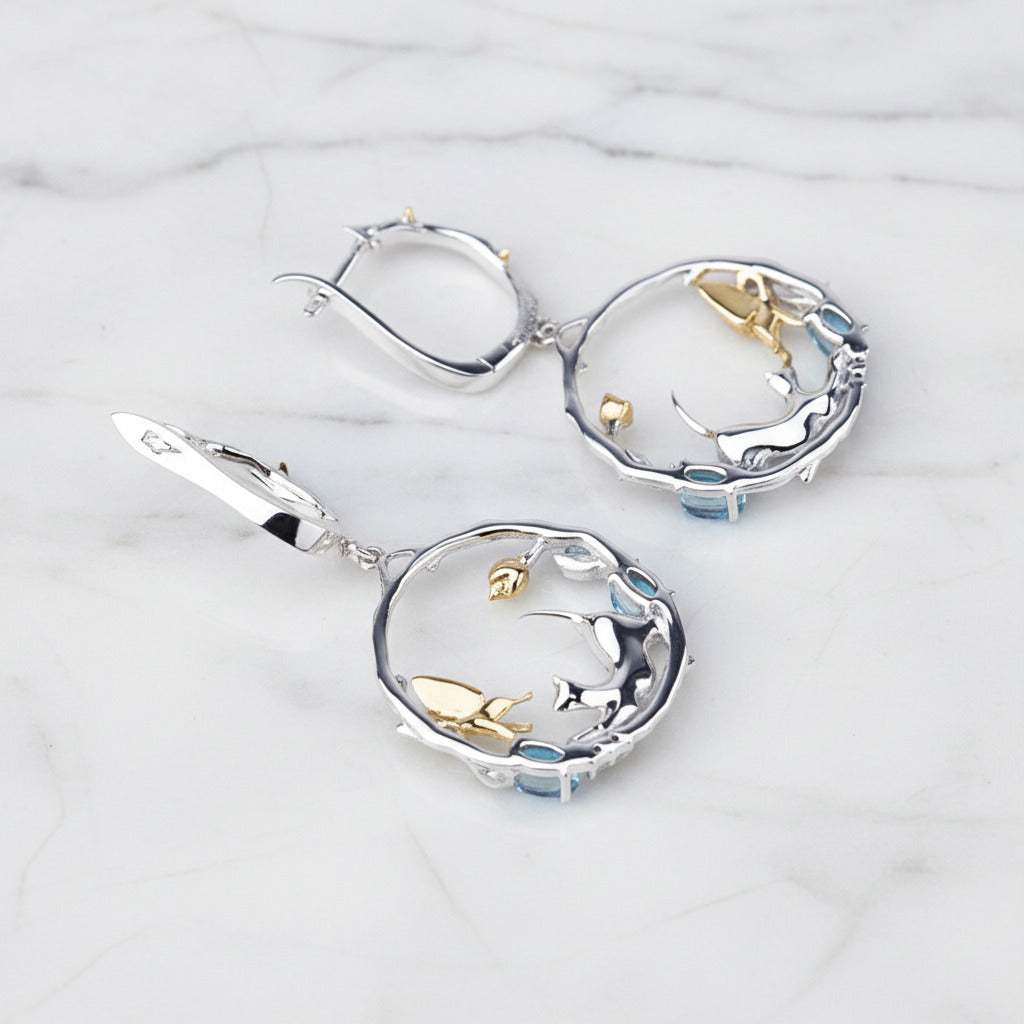 Swiss Blue Topaz Cat and Cupid Drop Earrings-Black Diamonds New York