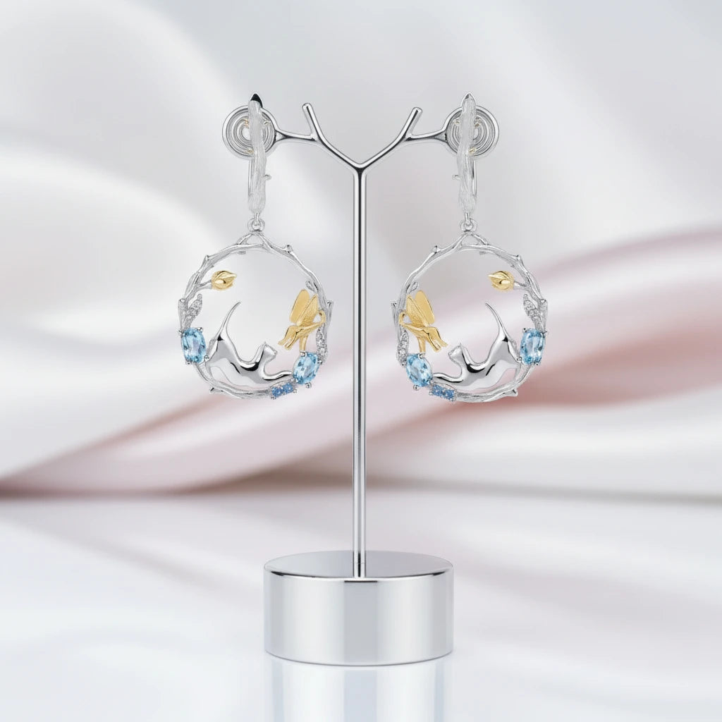 Swiss Blue Topaz Cat and Cupid Drop Earrings-Black Diamonds New York