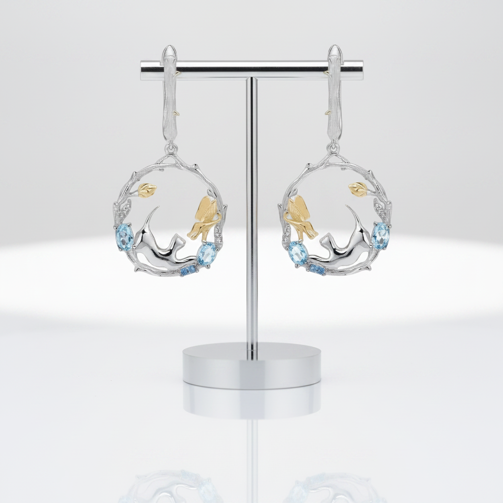 Swiss Blue Topaz Cat and Cupid Drop Earrings-Black Diamonds New York