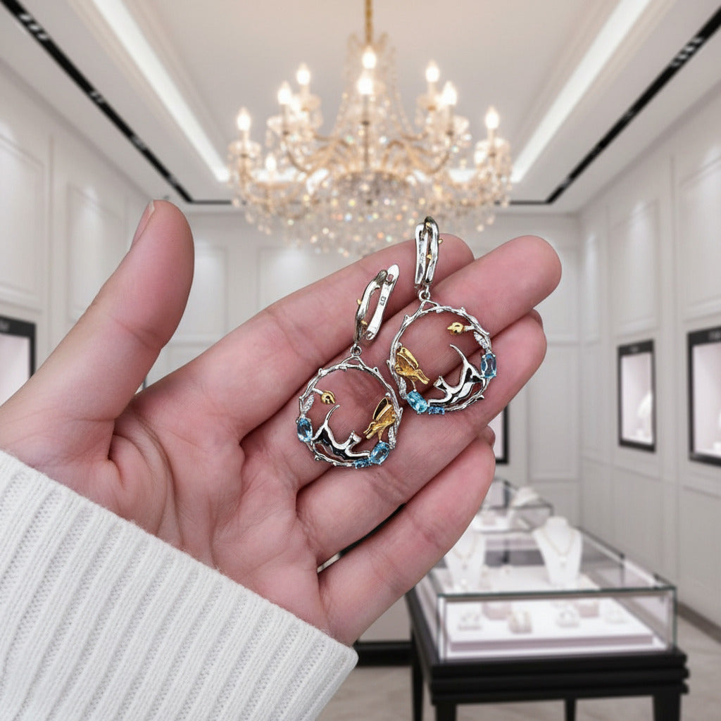 Swiss Blue Topaz Cat and Cupid Drop Earrings-Black Diamonds New York
