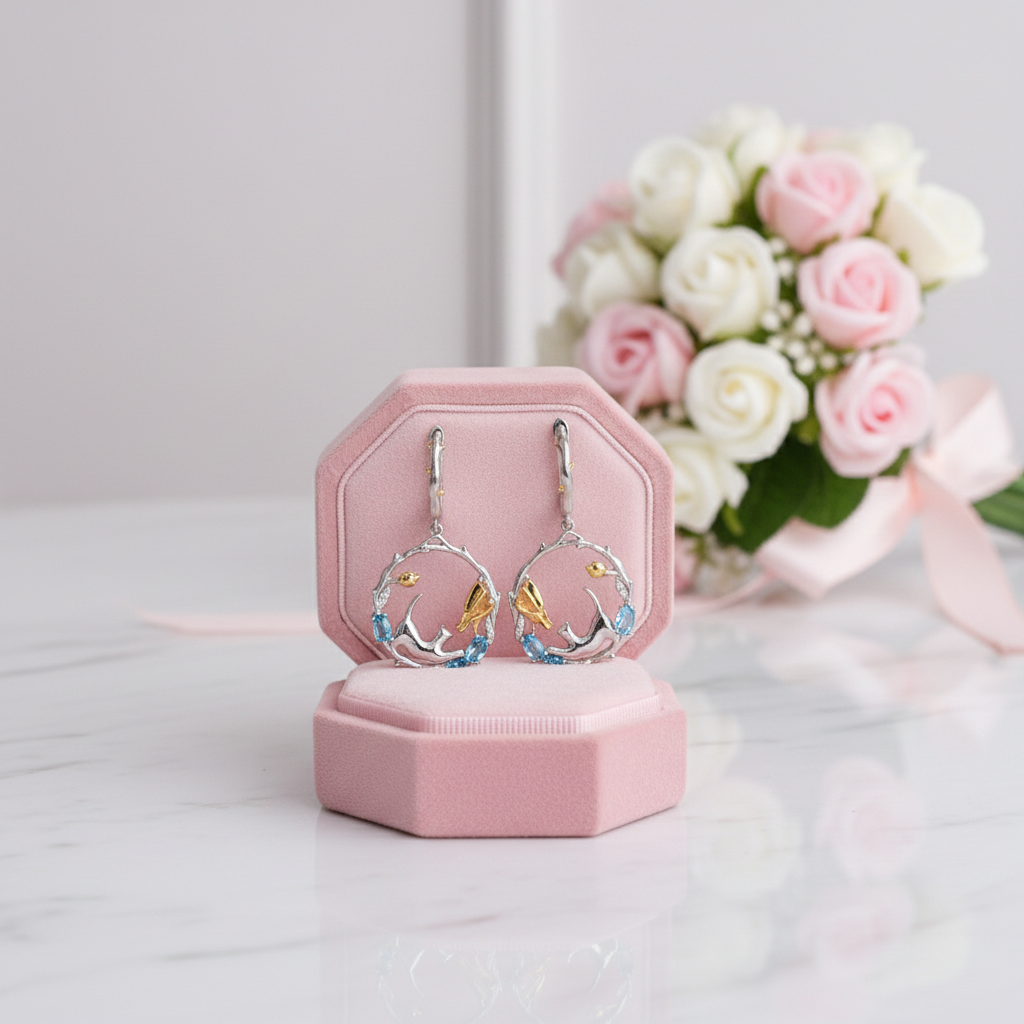 Swiss Blue Topaz Cat and Cupid Drop Earrings-Black Diamonds New York