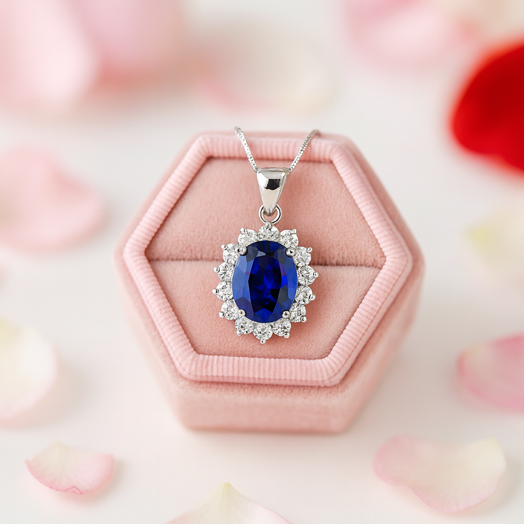 6.4 Ct Oval Cut Blue Tanzanite Pendant Necklace-Black Diamonds New York