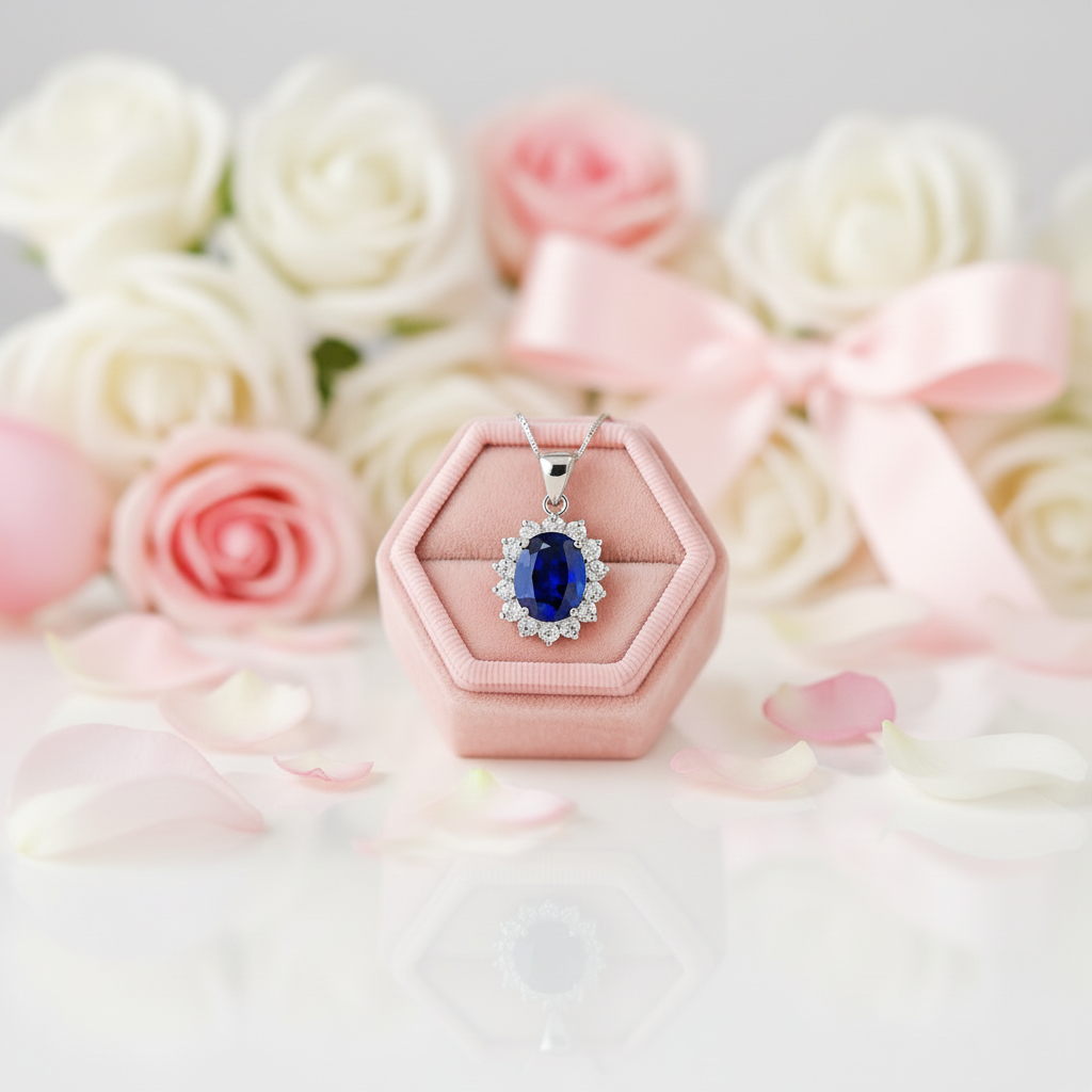 6.4 Ct Oval Cut Blue Tanzanite Simulant Pendant Necklace-Black Diamonds New York