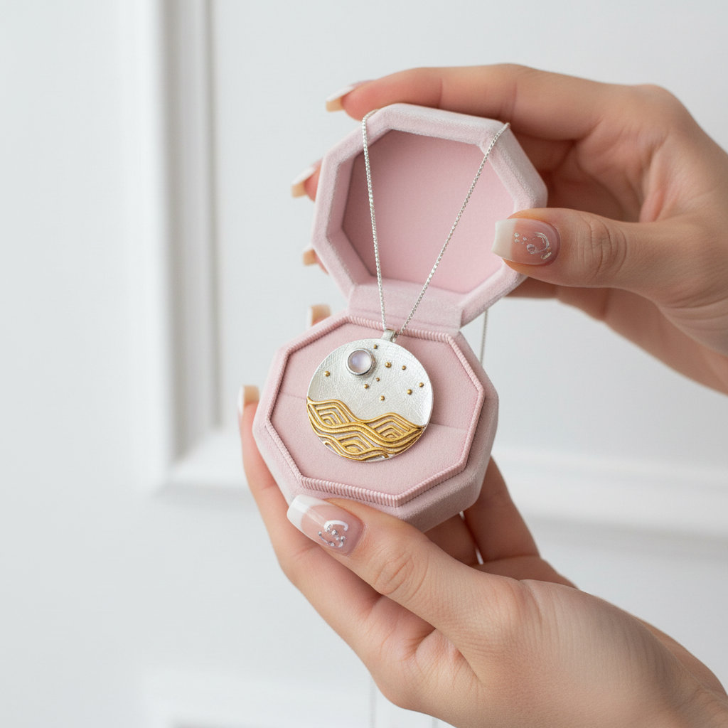 Hand holding a pink jewelry box with a necklace inside on a white background