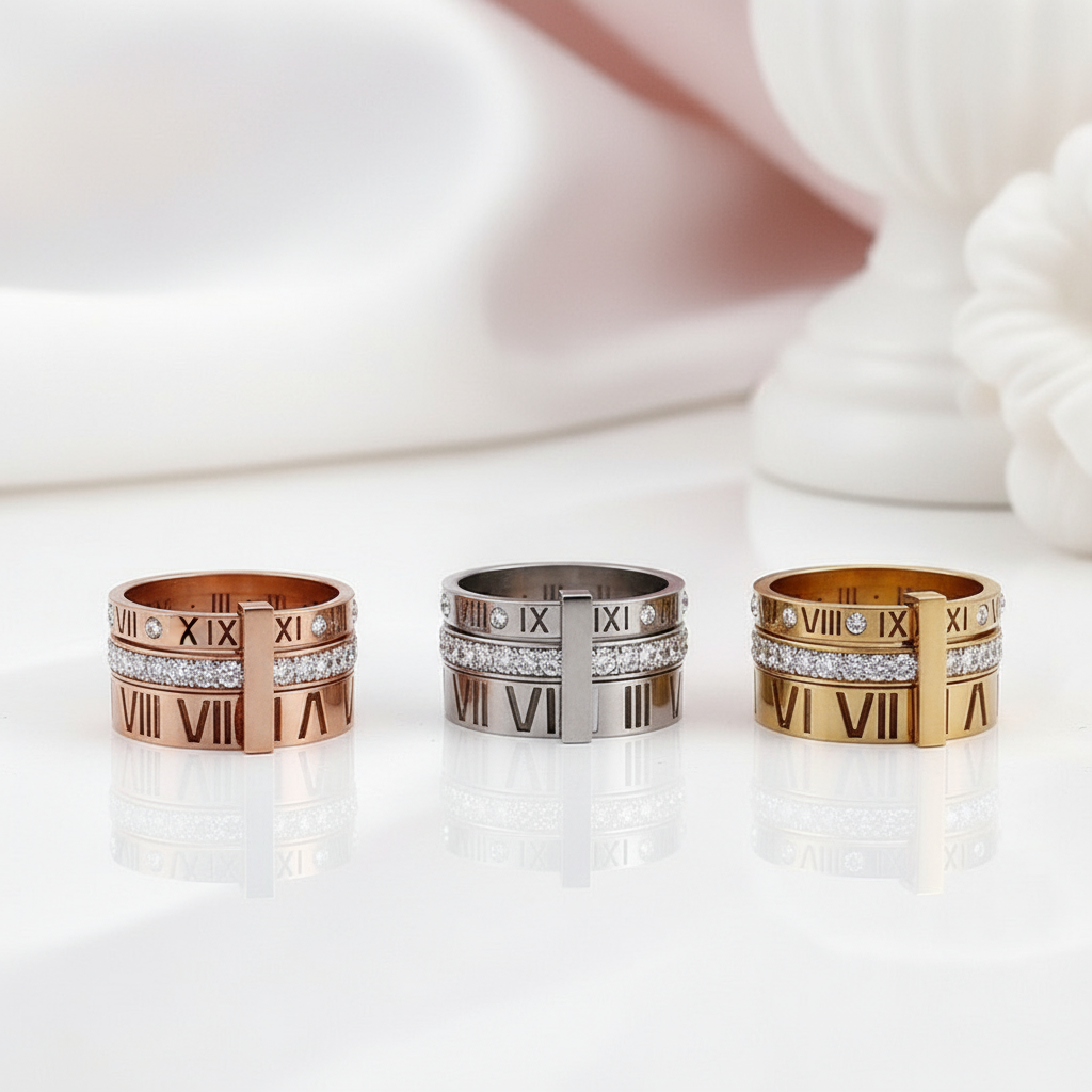 Three Layers Roman Numerals Diamond Ring Set-Black Diamonds New York