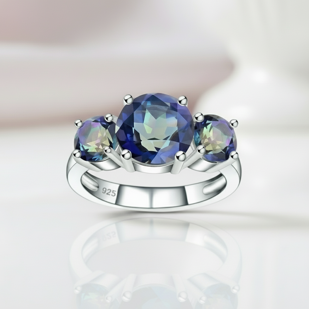 Three Natural Mystic Topaz Birthstone Ring-Black Diamonds New York