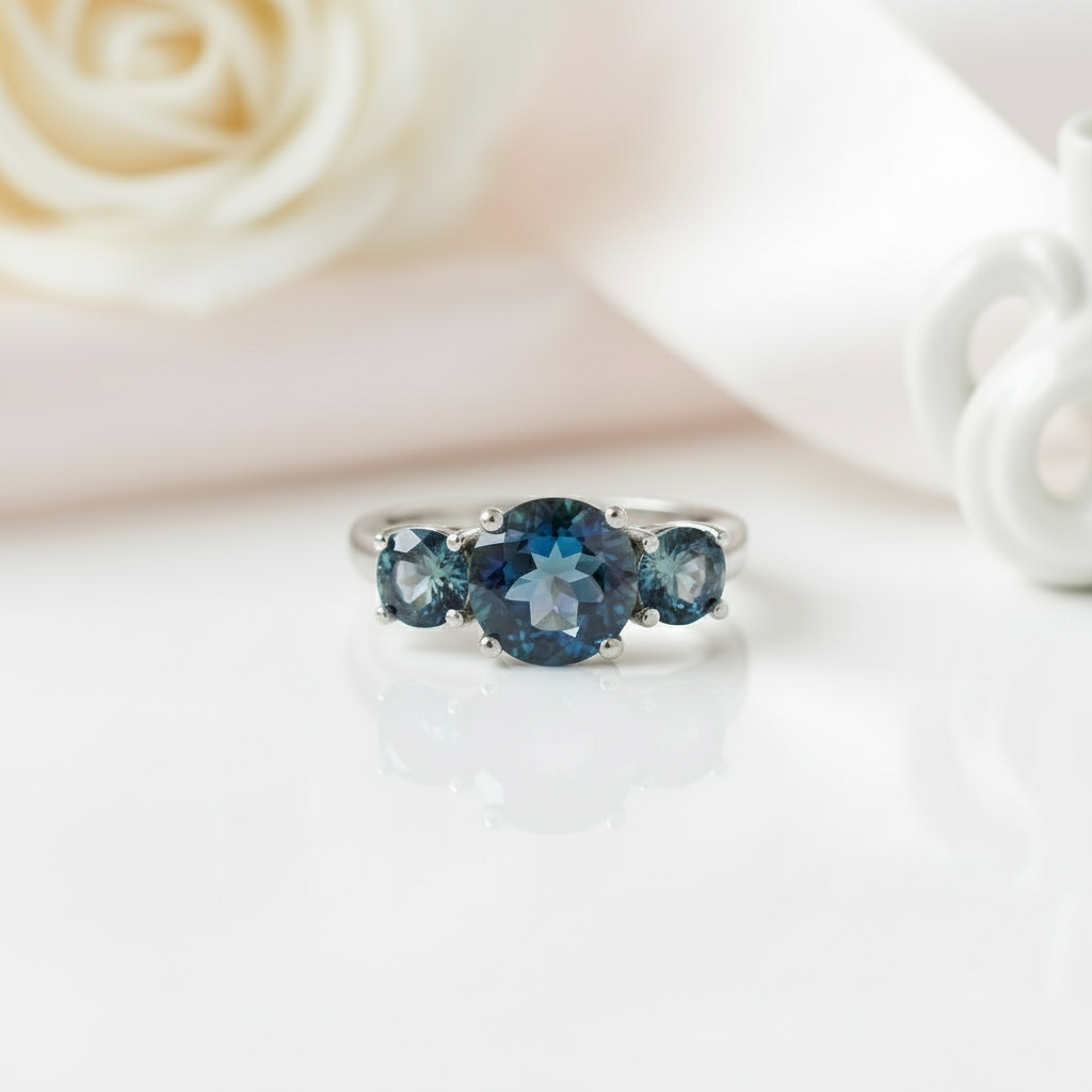 Three Natural Mystic Topaz Birthstone Ring-Black Diamonds New York