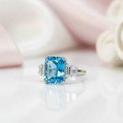 Three Stone Aquamarine Blue Radiant Cut Engagement Ring-Black Diamonds New York