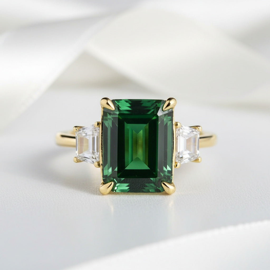 Three-Stone Emerald Green Engagement Ring-Black Diamonds New York