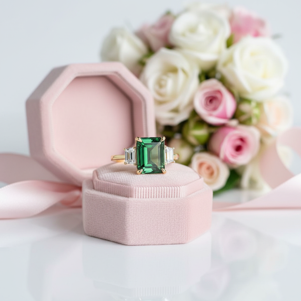 Green emerald ring in a pink box with flowers in the background