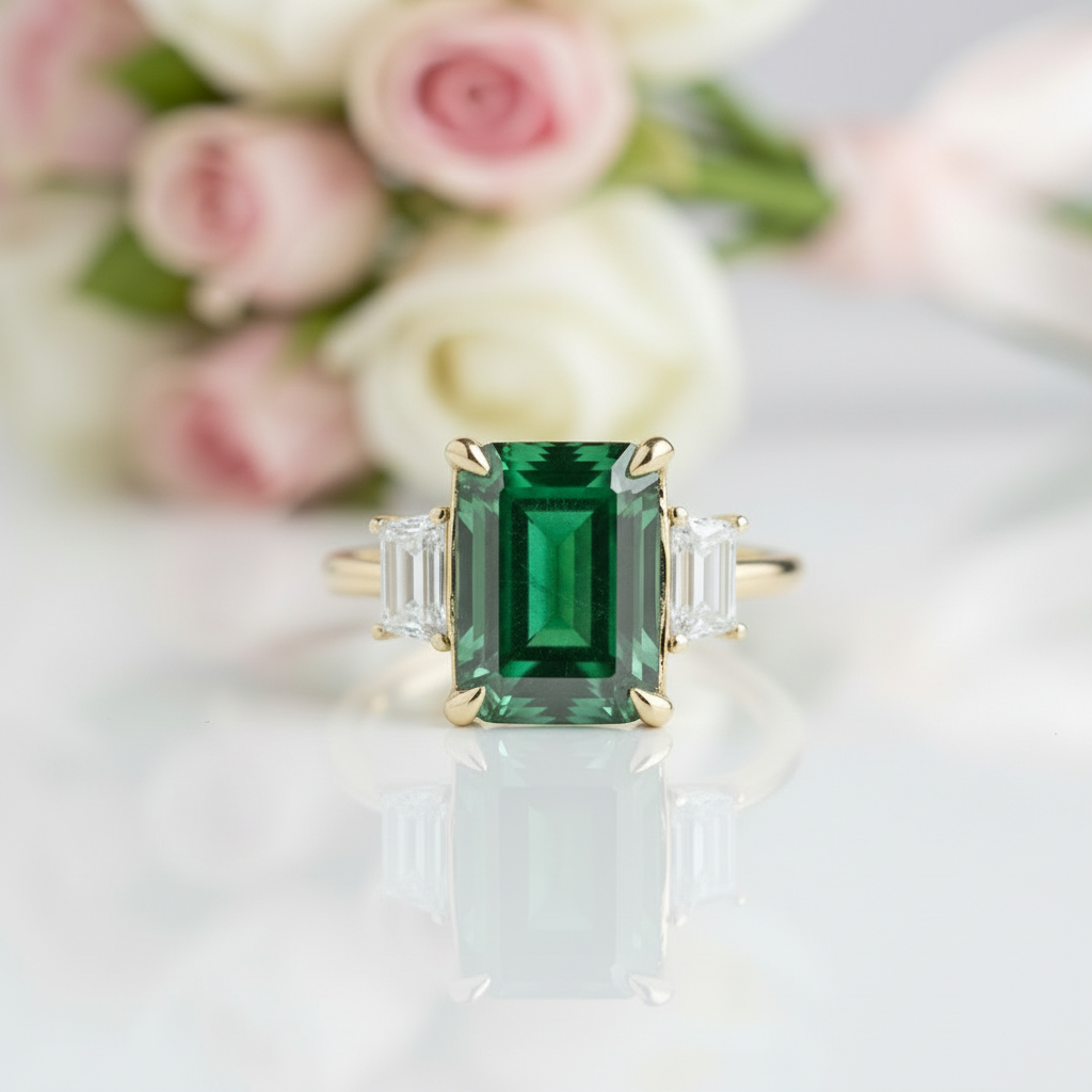 Three-Stone Emerald Green Engagement Ring-Black Diamonds New York