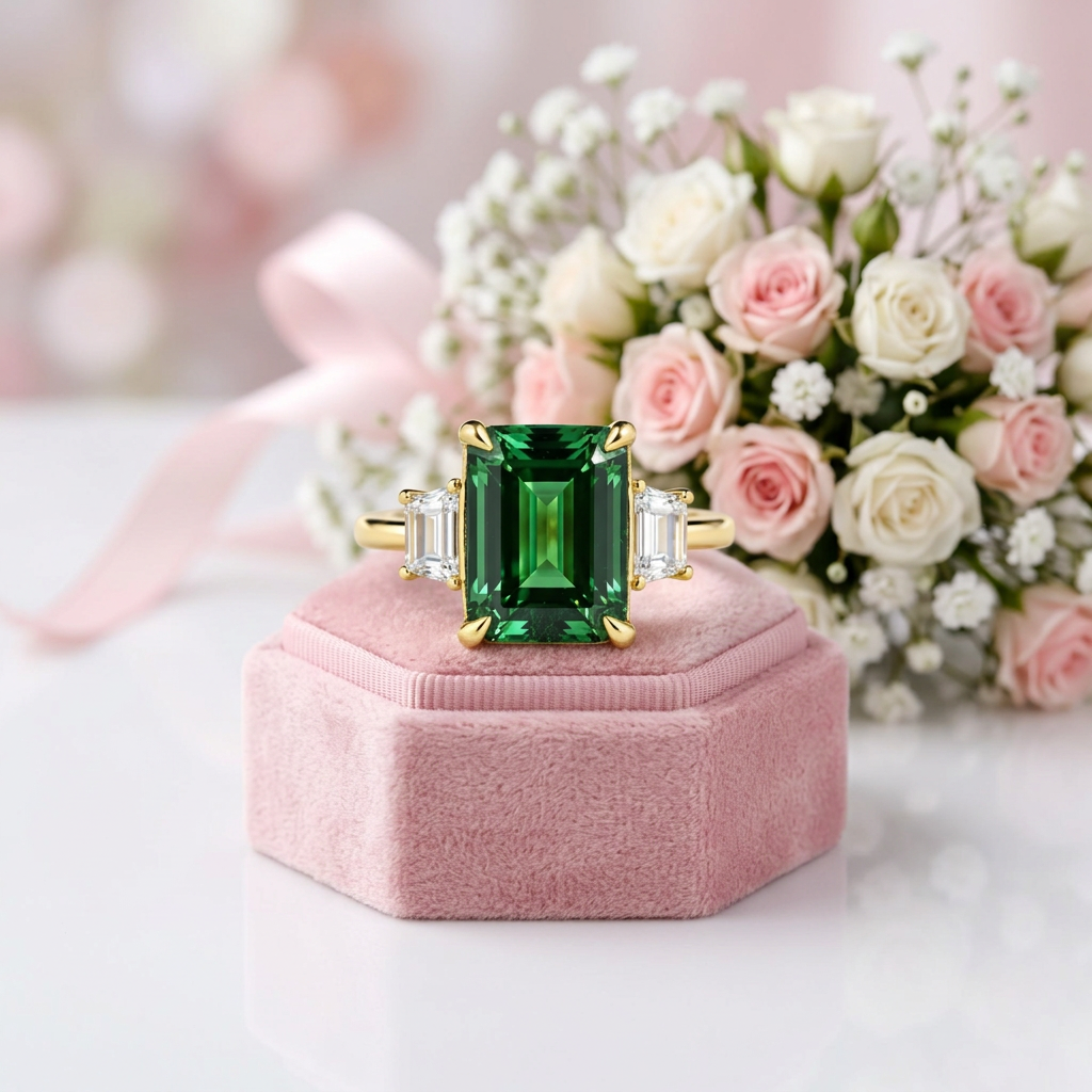 Three-Stone Emerald Green Engagement Ring-Black Diamonds New York