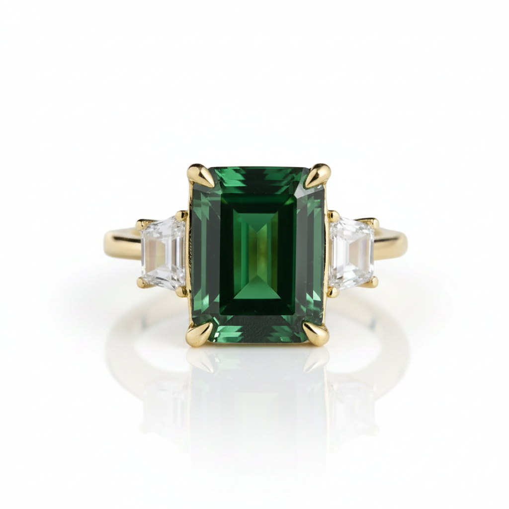 Three-Stone Emerald Green Engagement Ring-Black Diamonds New York