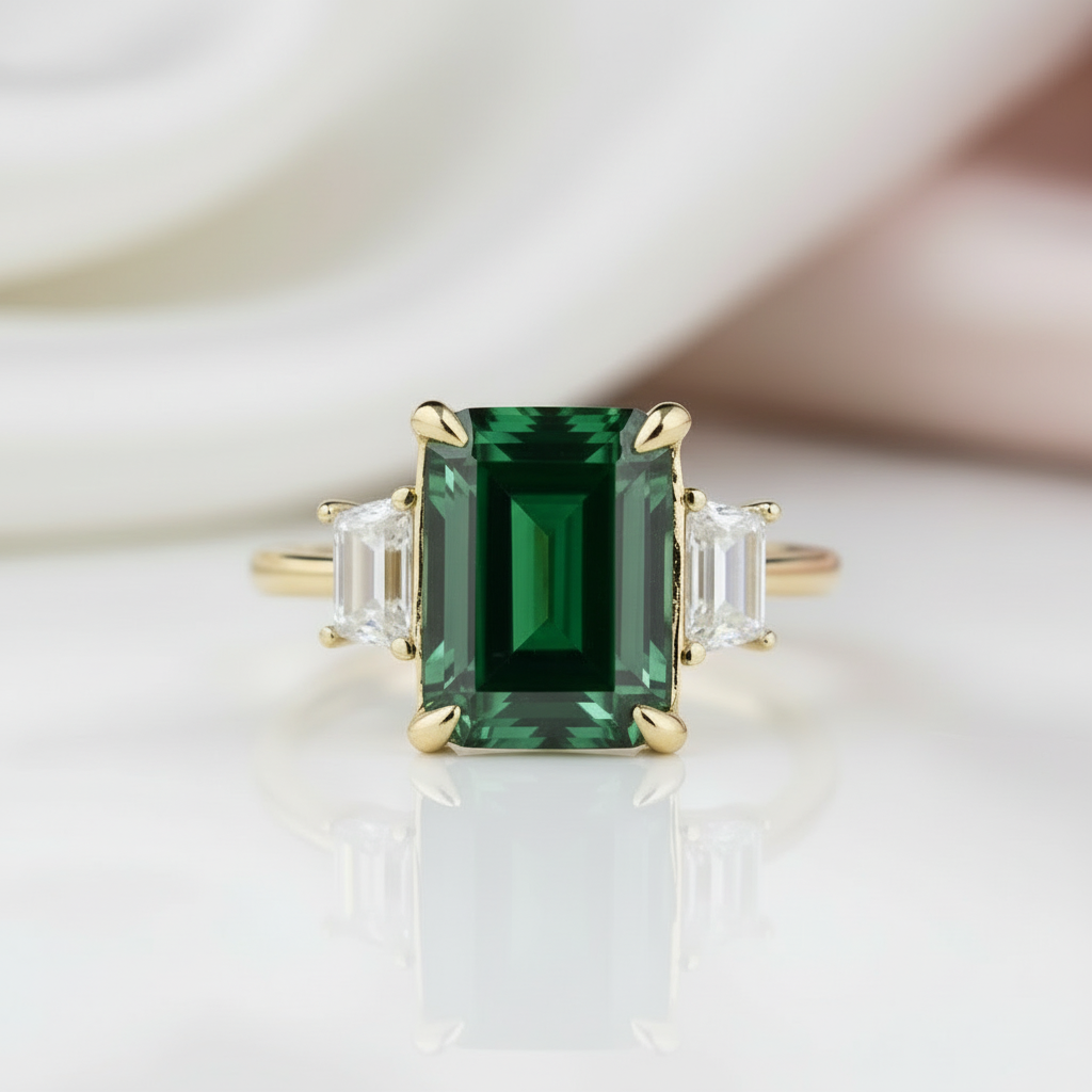 Gold ring with a green gemstone on a white background