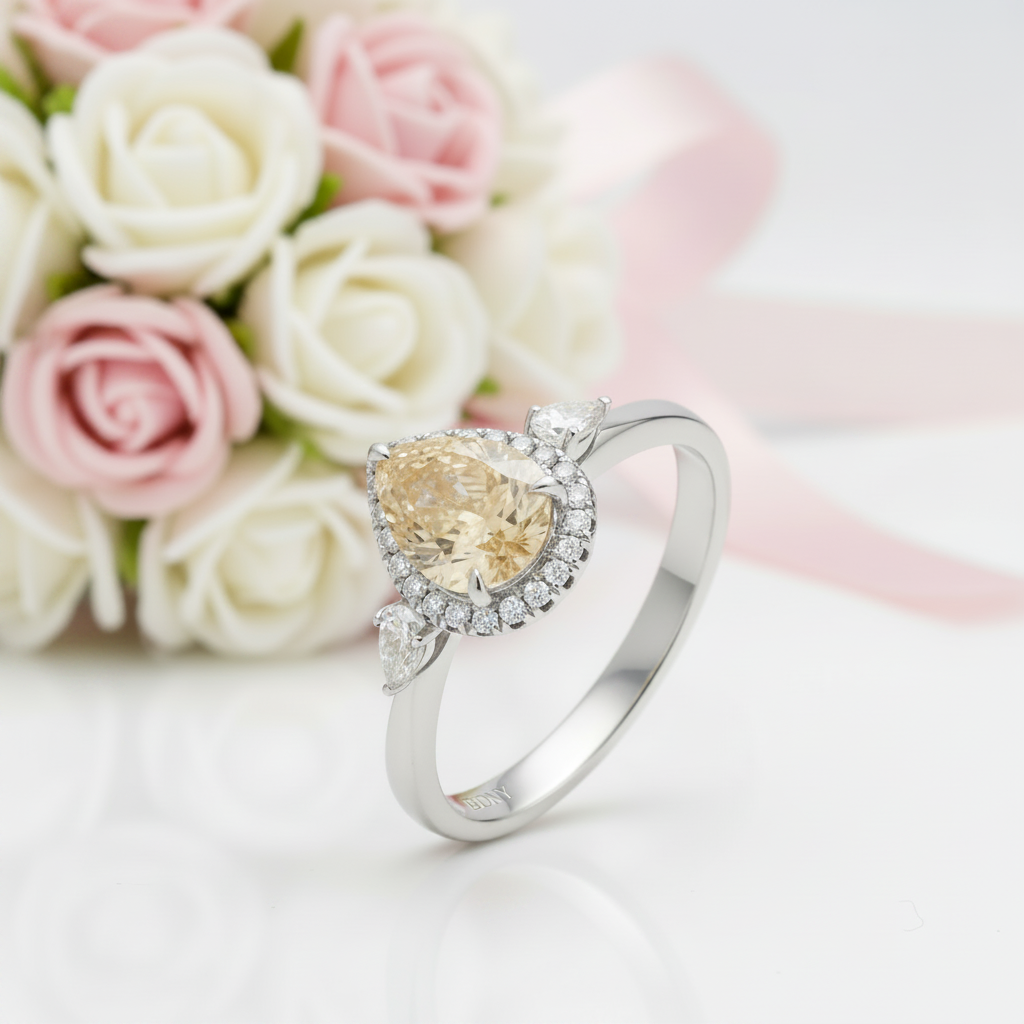 Three Stone Pear Brilliant Cut Yellow Diamond Option Engagement Ring-Black Diamonds New York
