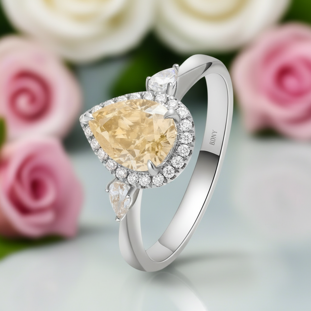 Three Stone Pear Brilliant Cut Yellow Diamond Engagement Ring-Black Diamonds New York