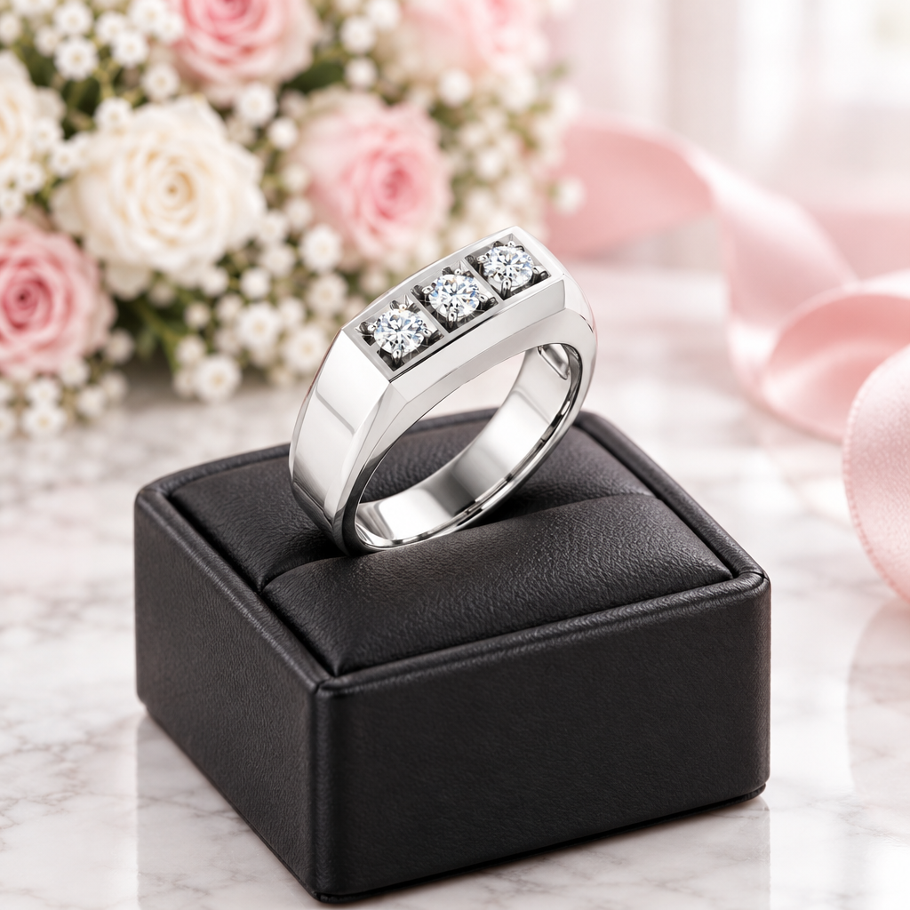 A polished silver-toned ring with three inset clear gemstones, displayed on a black jewelry box over a marble surface with pink roses and a pink ribbon in the background.