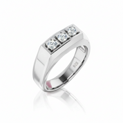 A silver-toned men's band ring featuring a rectangular bezel set with three round brilliant-cut diamonds, shown on a clean white background with a soft reflection.