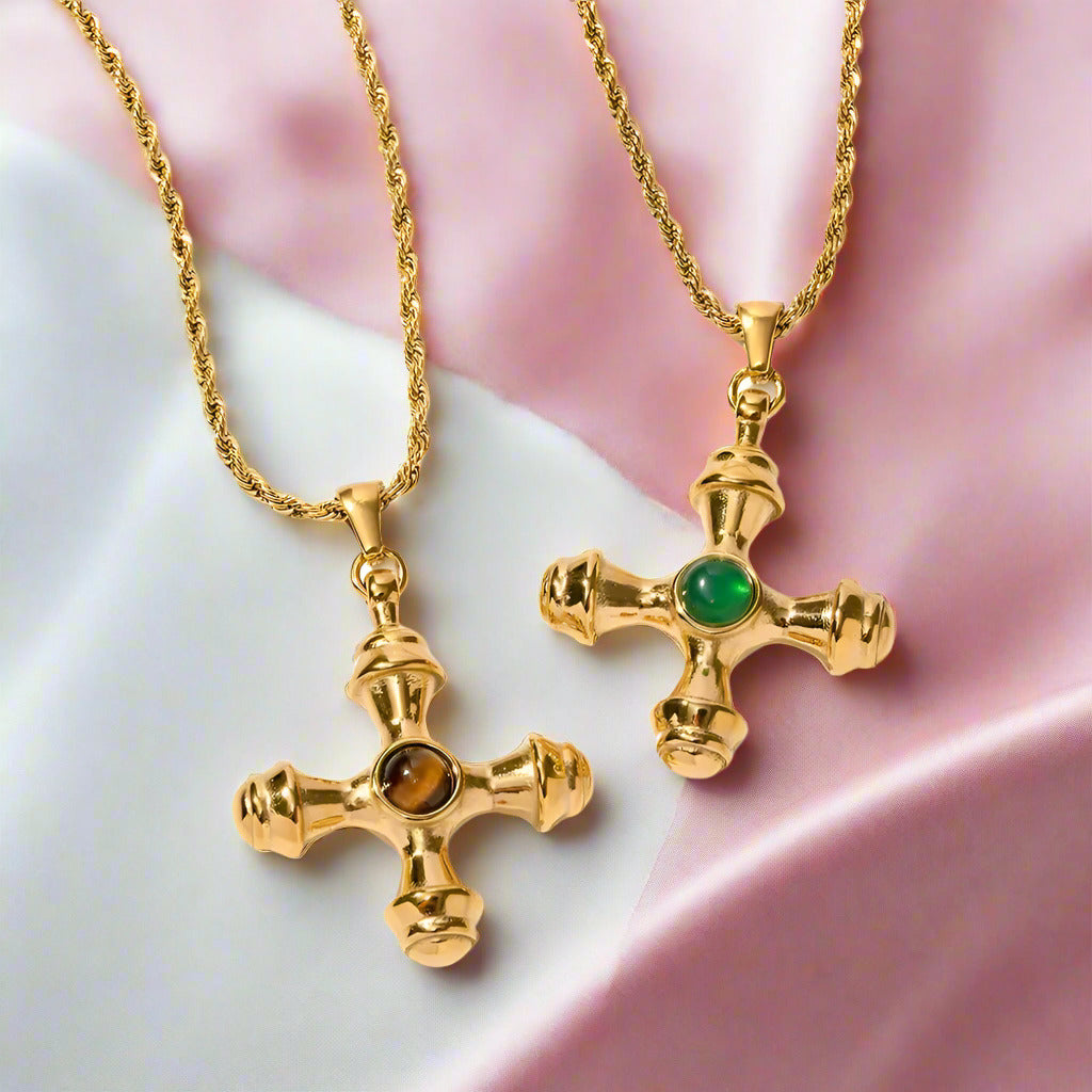 Tiger Eye Agate Cross Earrings & Necklace-Black Diamonds New York