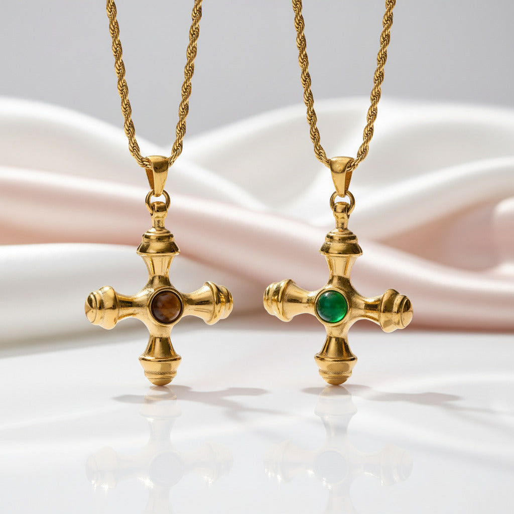 Tiger Eye Agate Cross Earrings & Necklace-Black Diamonds New York