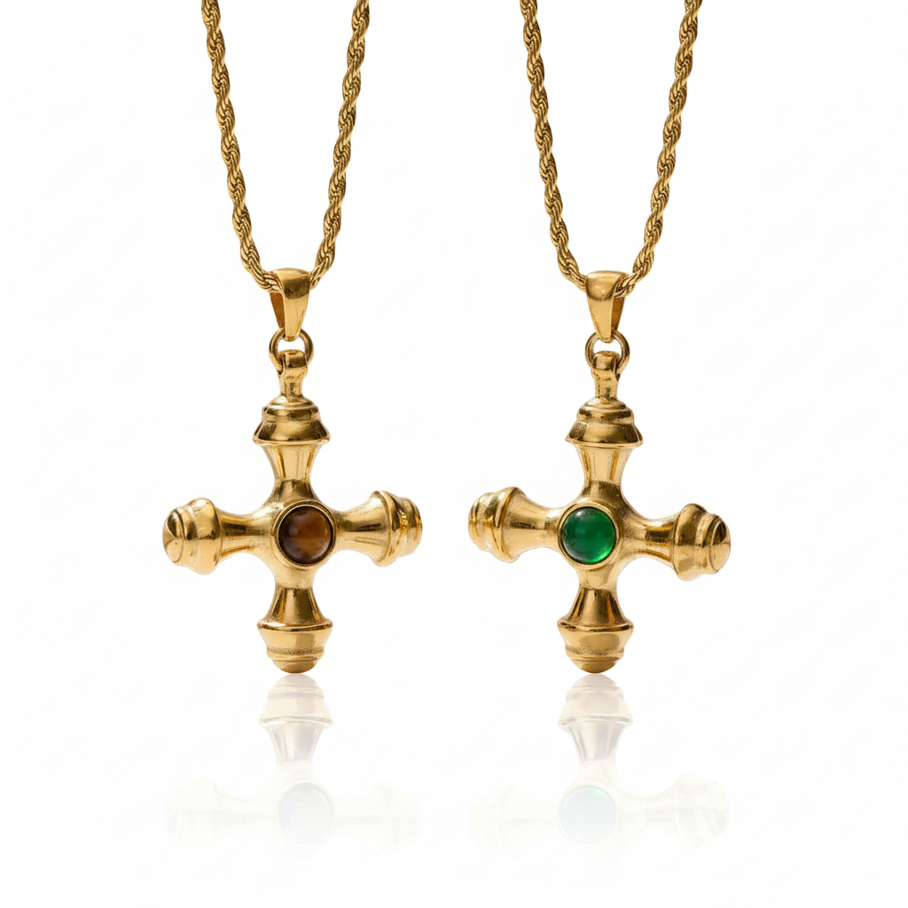 Tiger Eye Agate Cross Earrings & Necklace-Black Diamonds New York