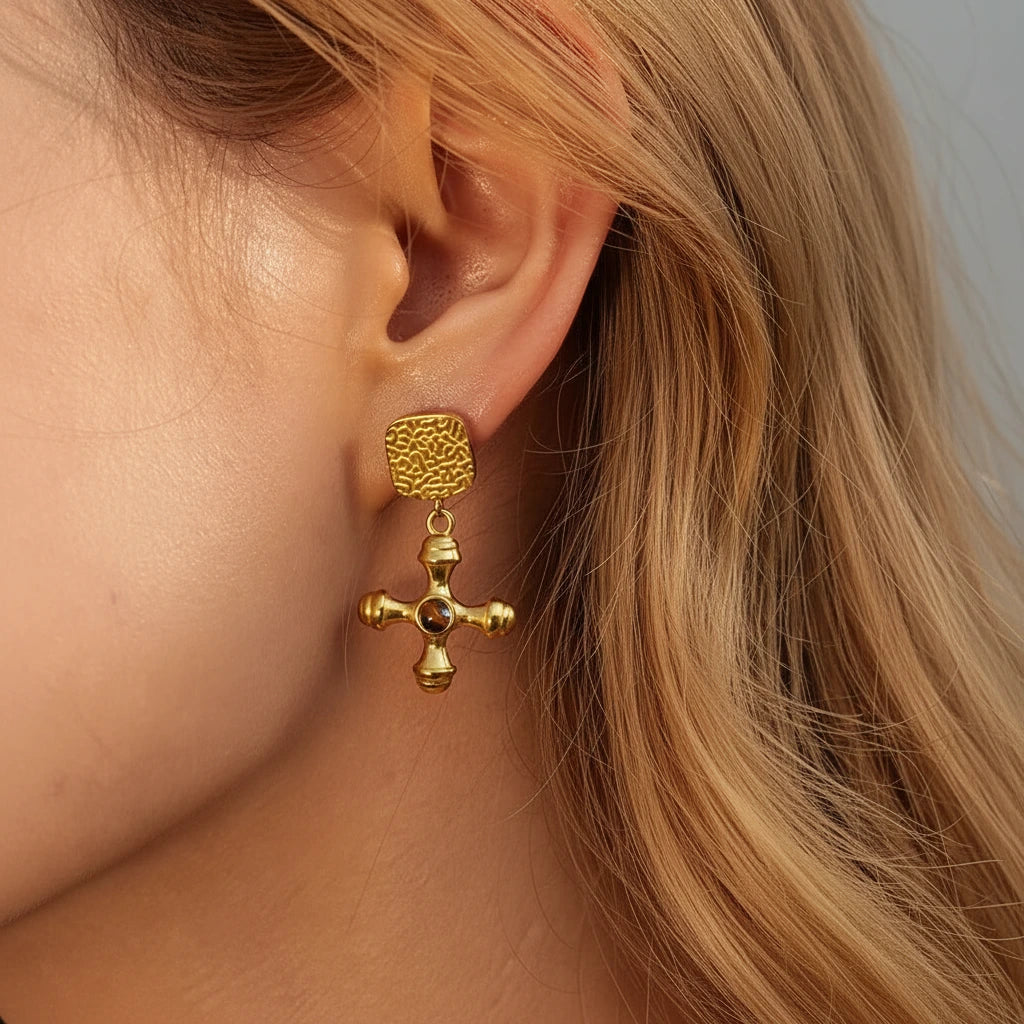 Tiger Eye Agate Cross Earrings & Necklace-Black Diamonds New York