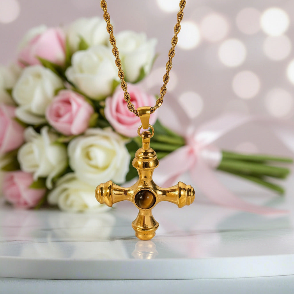 Tiger Eye Agate Cross Earrings & Necklace-Black Diamonds New York