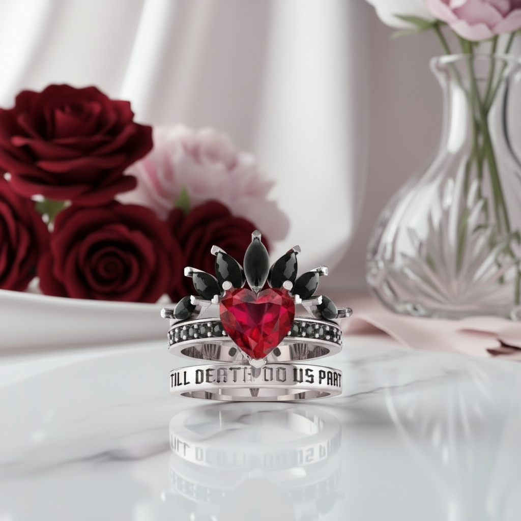 Till Death Do Us Part- 1.5 Carat Heart Created Diamond Wedding Ring Set-Black Diamonds New York