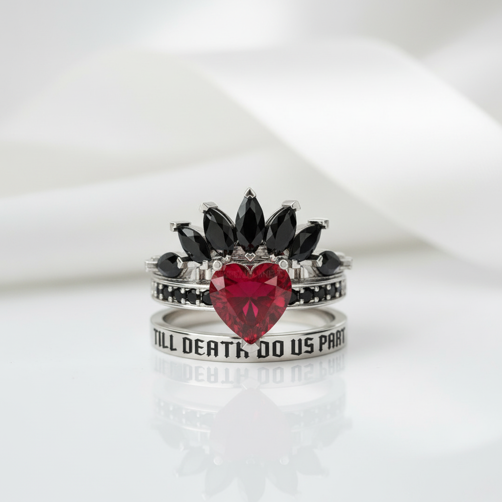 Till Death Do Us Part- 1.5 Carat Heart Created Diamond Wedding Ring Set-Black Diamonds New York