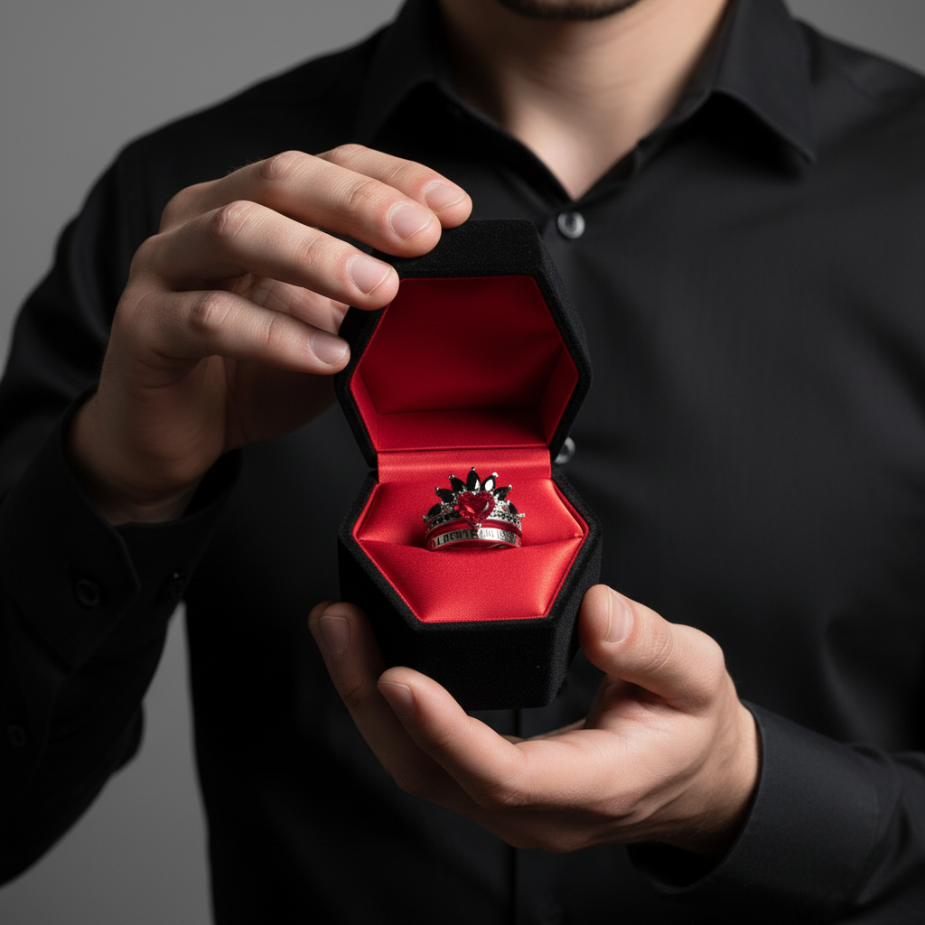 Person holding a red jewelry box with a ring inside against a dark background