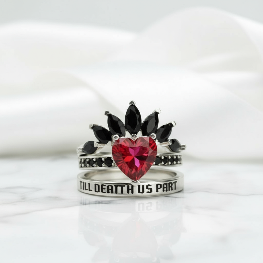 Till Death Do Us Part- 1.5 Carat Heart Created Diamond Wedding Ring Set-Black Diamonds New York