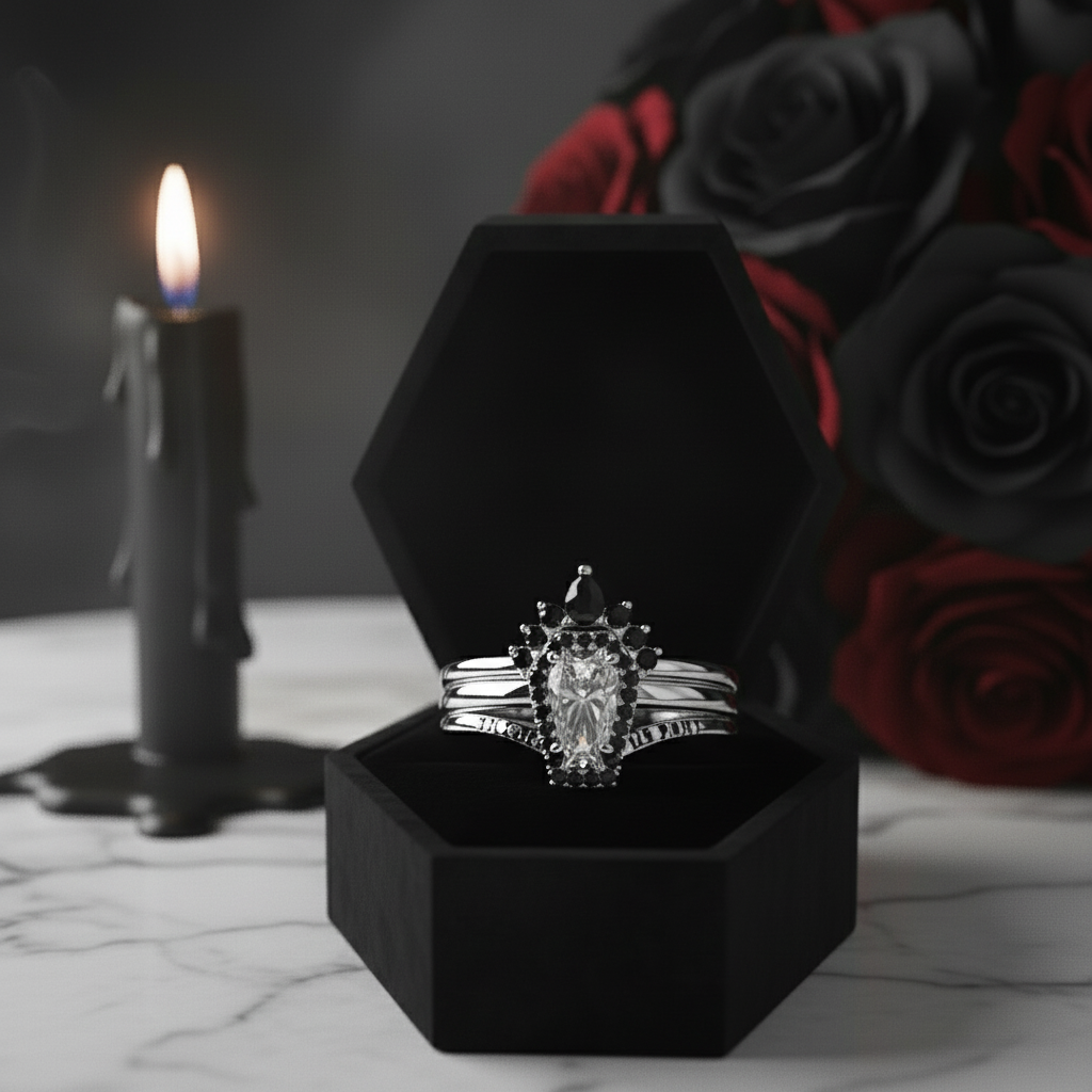 Two diamond rings in a black box with a candle and roses in the background