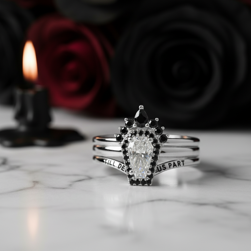 Till Death Do Us Part Rings- Rare Coffin Cut Diamond 14k White Gold Ring Set-Black Diamonds New York